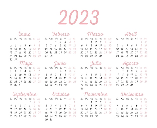 Vecteur calendrier du nouvel an 2023 en espagnol