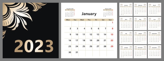 Calendrier Du Planificateur Pour 2023 Avec Un Beau Modèle De Base De Couverture La Semaine Commence Le Lundi