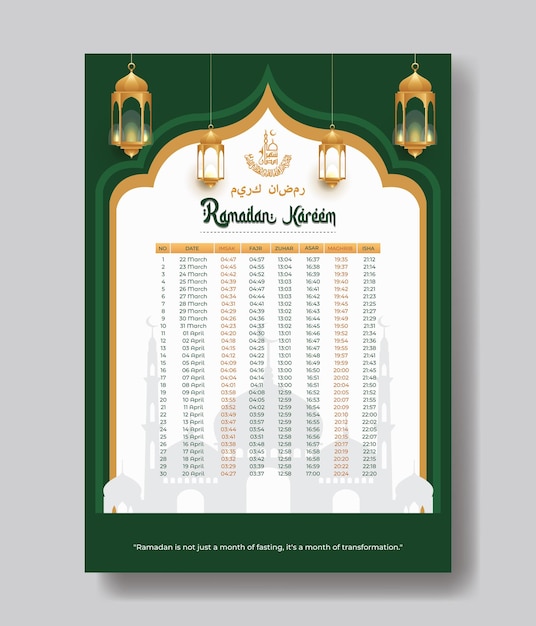 Vecteur calendrier du ramadan 2023 avec les heures de prière du ramadan calendrier du ramadan jeûne iftar et prière ti