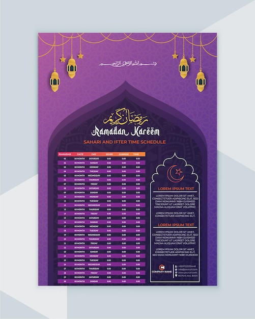 Vecteur calendrier du ramadan _ conception du calendrier du ramadan _ horaires du ramadan _ conception du calendrier islamique