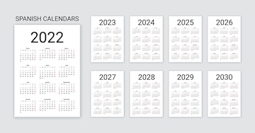 Calendrier Espagnol 2022, 2023, 2024, 2025, 2026, 2027, 2028, 2029, 2030  Ans. Modèle De Poche Simple. Illustration Vectorielle.