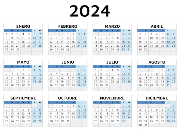 Vecteur calendrier espagnol 2024 illustration de modèle vectoriel imprimable en espagne horizontal planifiez votre année