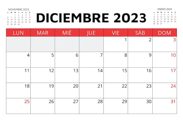 Vecteur calendrier espagnol de décembre 2023 illustration vectorielle planification mensuelle de votre entreprise en espagne