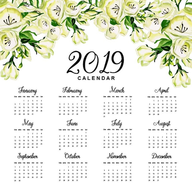Vecteur calendrier floral aquarelle 2019