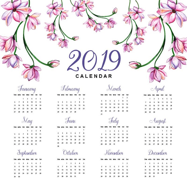 Vecteur calendrier floral aquarelle 2019