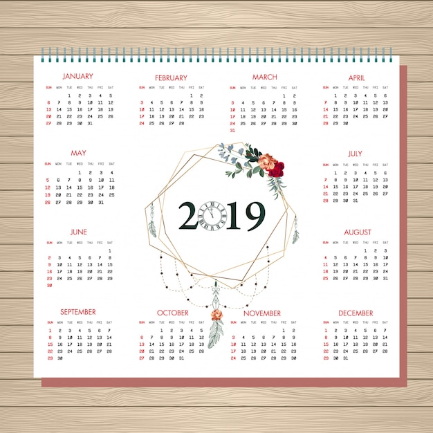 Vecteur calendrier floral du calendrier 2019