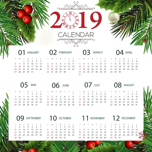 Vecteur calendrier floral du calendrier 2019