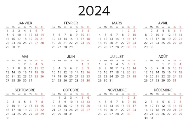 Calendrier Français 2024 Illustration Vectorielle Imprimable Pour La France 12 Mois Année Calendrier