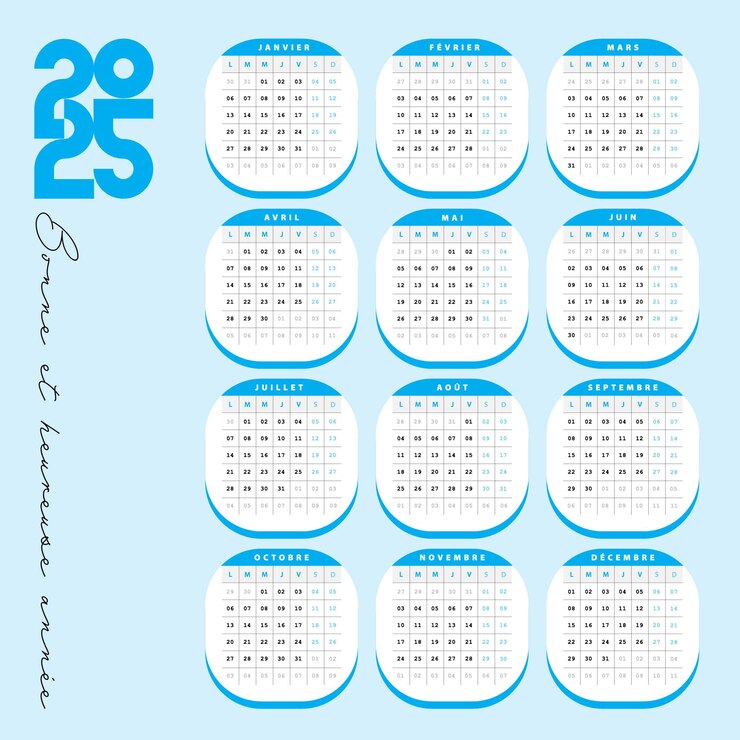 Vecteur calendrier français 2025 design artistique personnalisable couleur bleu
