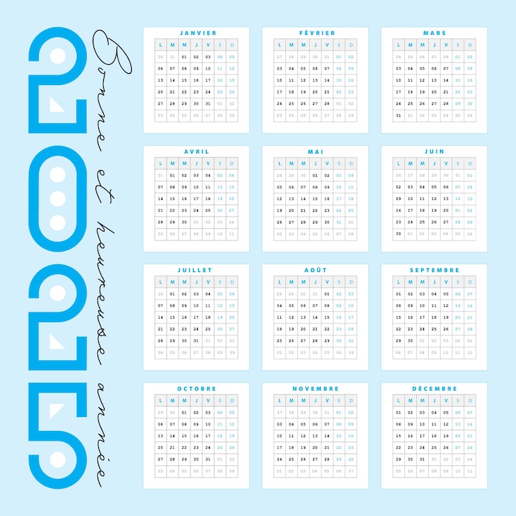 Vecteur calendrier français 2025 design artistique personnalisable couleur bleu