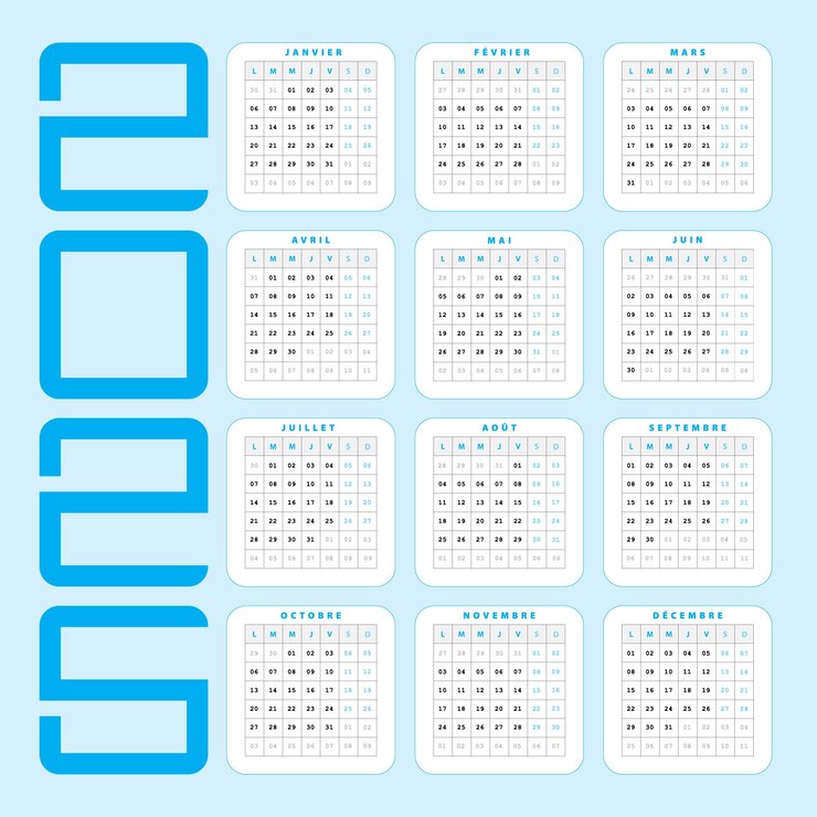 Vecteur calendrier français 2025 design artistique personnalisable couleur bleu