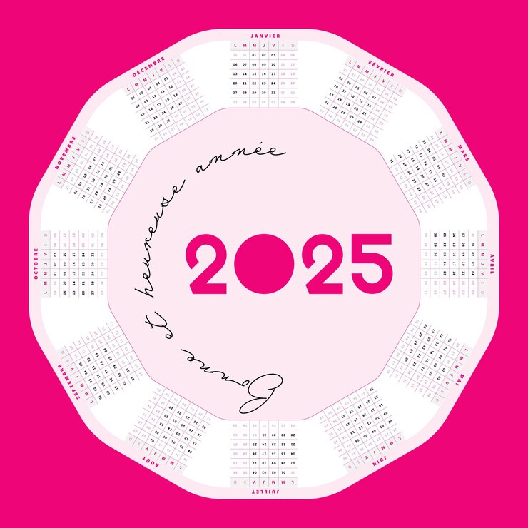 Vecteur calendrier français 2025 design artistique personnalisable couleur rose
