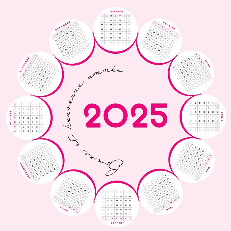 Vecteur calendrier français 2025 design artistique personnalisable couleur rose