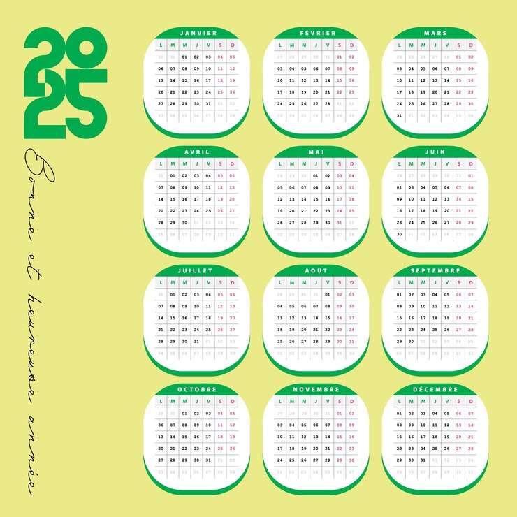 Vecteur calendrier français 2025 design artistique personnalisable couleur vert
