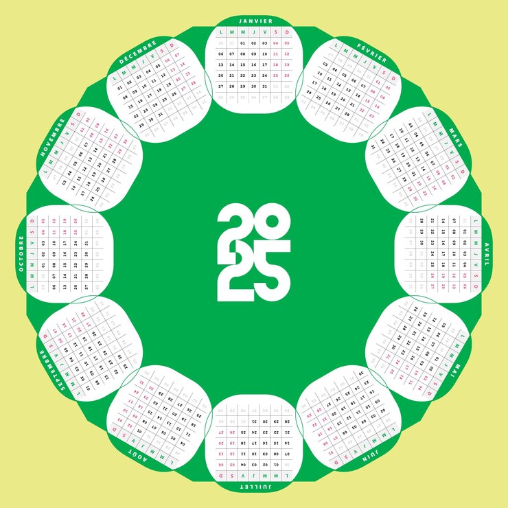 Vecteur calendrier français 2025 design artistique personnalisable couleur vert
