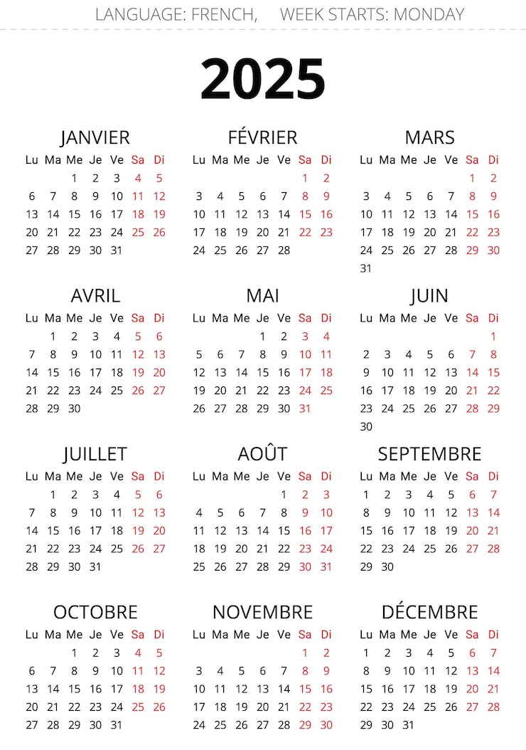 Vecteur calendrier français 2025 illustration vectorielle simple imprimable france 12 mois année calendrier