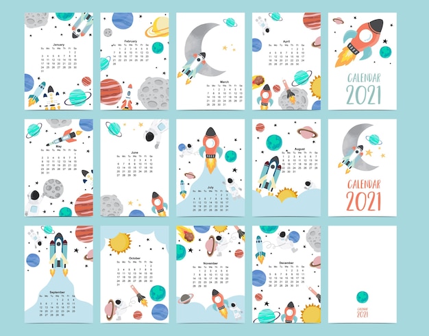 Vecteur calendrier de galaxie mignon 2021 avec astronaute