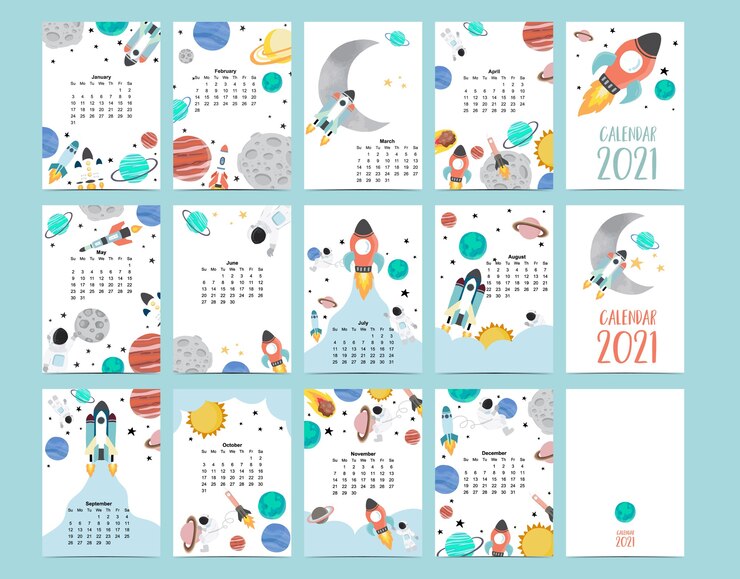 Vecteur calendrier de galaxie mignon 2021 avec astronaute