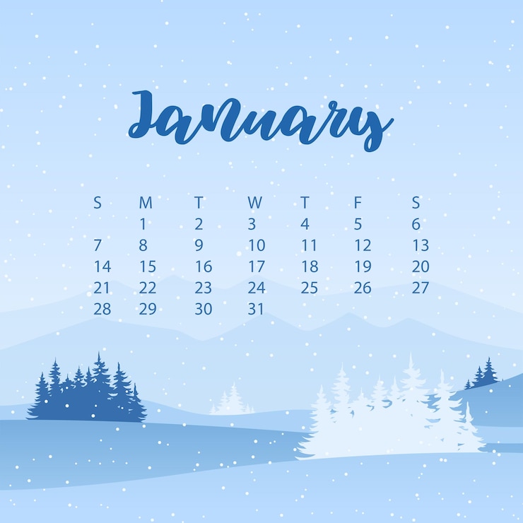 Vecteur calendrier d'hiver janvier 2024 arrière-plan de neige hivernale graphiques vectoriels