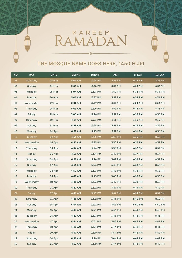 Le calendrier islamique mensuel du Ramadan Kareem Hijri