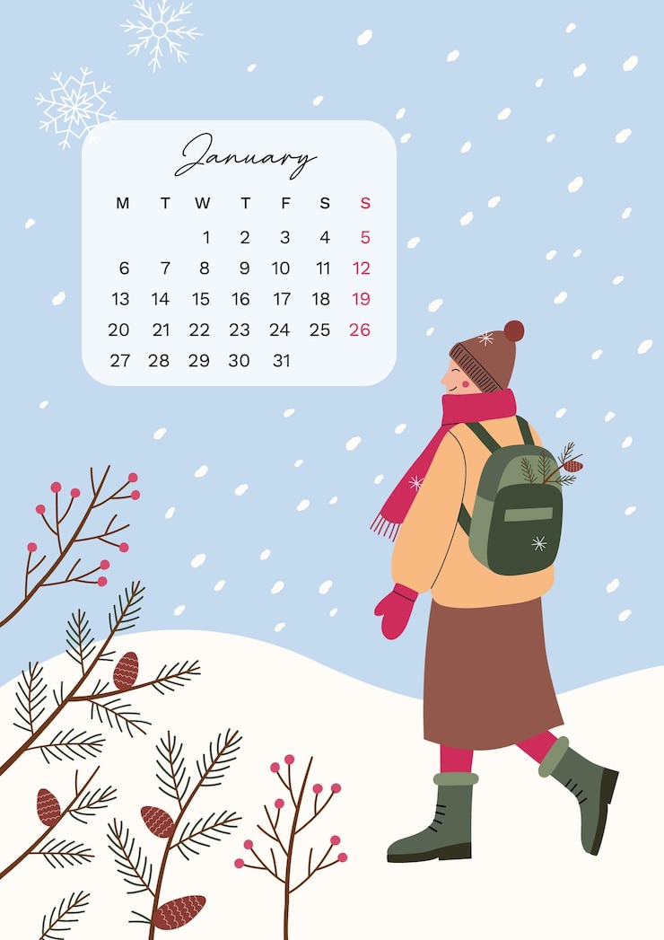 Vecteur calendrier de janvier 2025 avec des illustrations dessinées à la main inspirées de la nature et de la saison hivernale la semaine commence le lundi poste avec une jeune femme qui marche un jour de neige