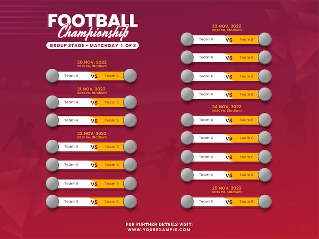 Calendrier De La Journée De Match De La Phase De Groupes De La Ligue Des Champions De Football Sur Fond De Joueurs Silhouette Rouge Et Rose Dégradé