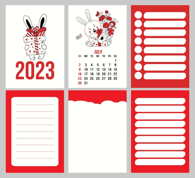 Vecteur calendrier juillet 2023 avec lapin et pages de planificateur notes à faire liste semaine du dimanche 2023 année lapin