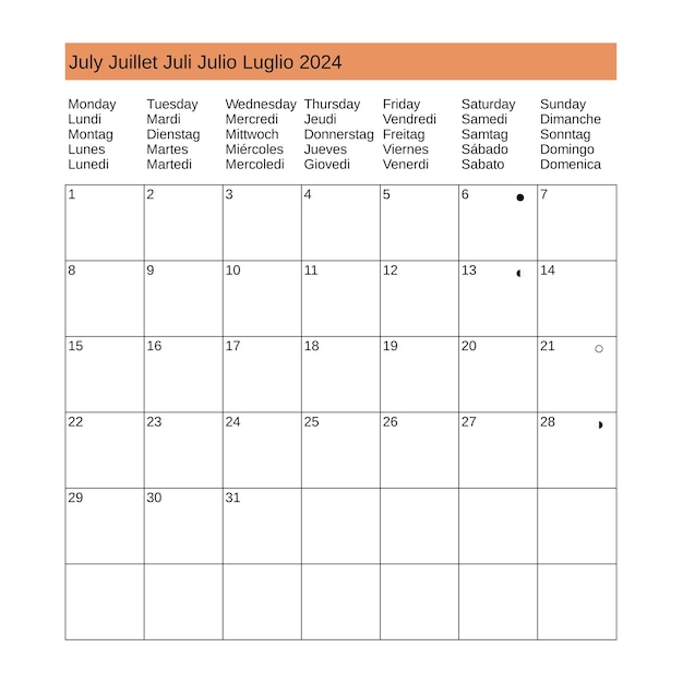 Vecteur calendrier juillet 2024 multilingue