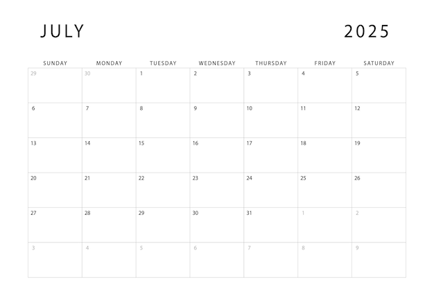 Vecteur calendrier de juillet 2025 modèle de planificateur mensuel dimanche début design vectoriel