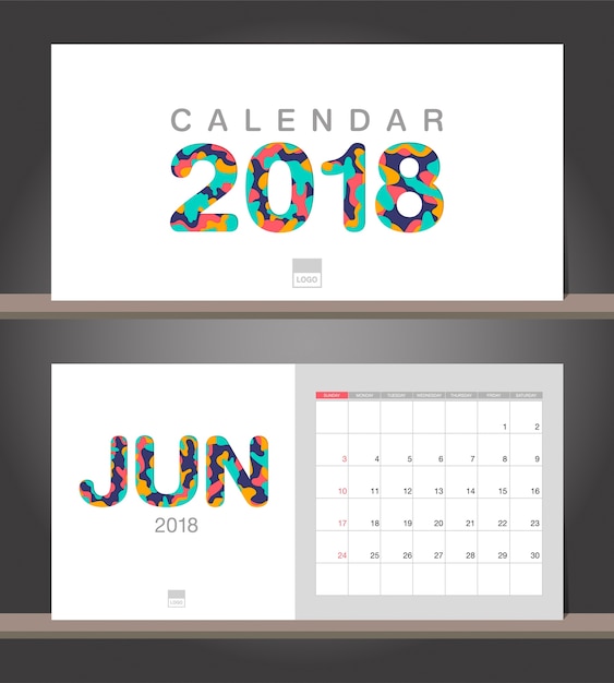 Vecteur calendrier de juin 2018 modèle de conception moderne de calendrier de bureau avec des styles de papier découpé