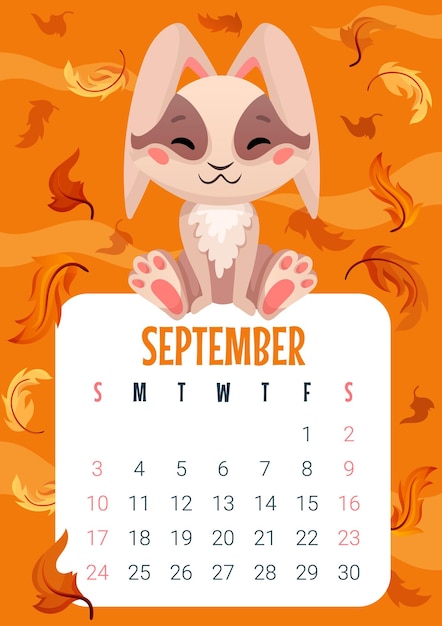 Vecteur calendrier de lapin coloré 2023 page de calendrier de septembre avec petit lapin heureux mignon pour l'impression