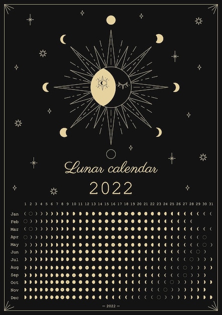 Vecteur calendrier lunaire 2022 conception de calendrier astrologique cycle de phase de lune affiche de calendrier lunaire boho moderne