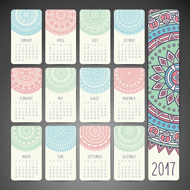 Calendrier Avec Mandalas, Tiré Par La Main