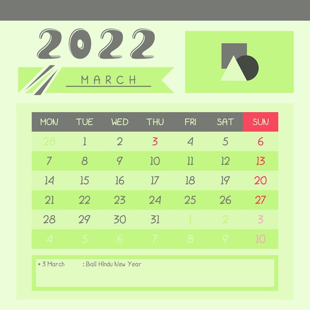 Vecteur calendrier mars 2022, la police utilisée est la dernière version d'abacaga