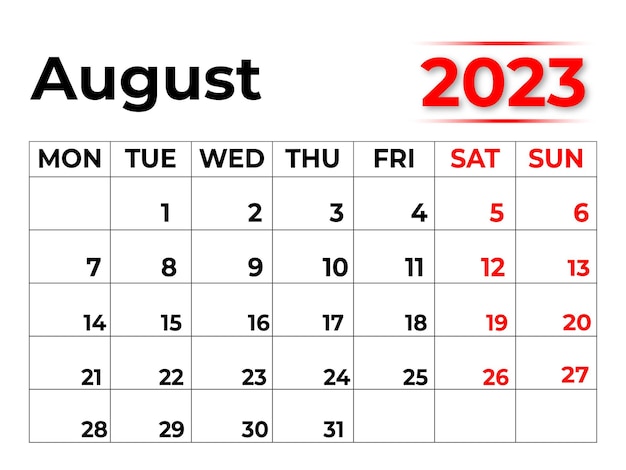 Calendrier mensuel 2023 pour août au look très épuré