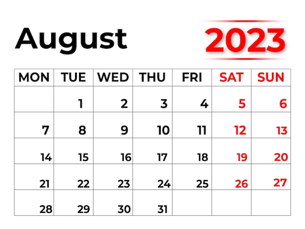 Calendrier Mensuel 2023 Pour Août Au Look Très épuré