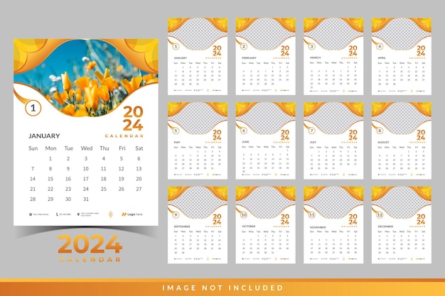 Calendrier mensuel 2024 modèle calendrier mural avec vecteur de conception moderne