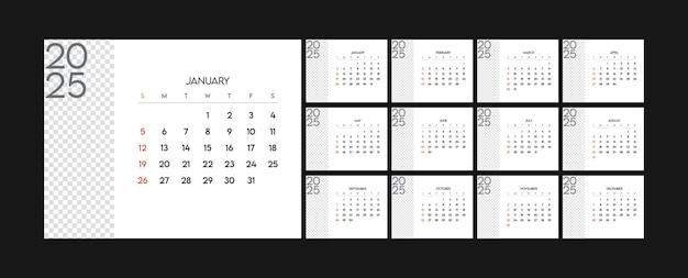 Calendrier mensuel 2025 semaine de début dimanche modèle de conception d'entreprise vecteur calendrier de bureau mural