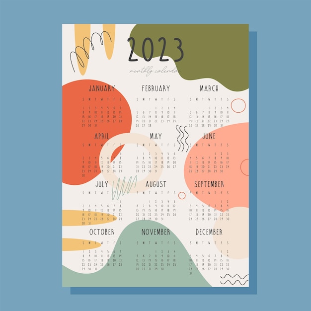 Calendrier Mensuel De L'année 2023 Avec Illustration Vectorielle De Fond Abstrait