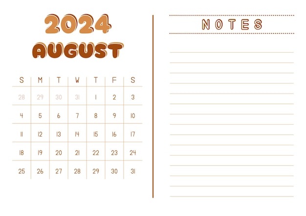 Vecteur calendrier mensuel août 2024