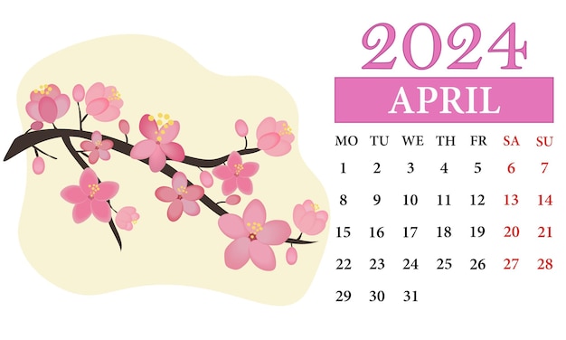 Vecteur calendrier mensuel d'avril 2024 avec des fleurs de cerisier