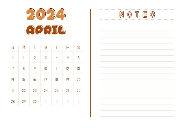 Vecteur calendrier mensuel avril 2024