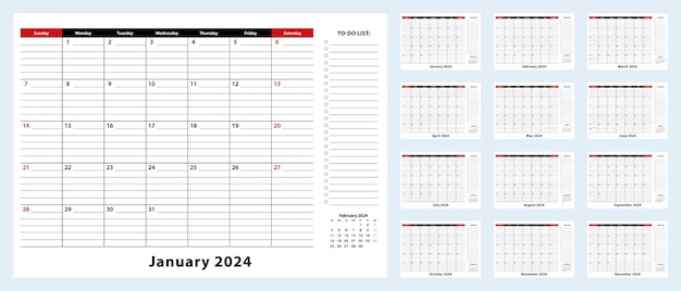 Calendrier Mensuel De Bloc-notes Vectoriel Janvier 2024 Décembre