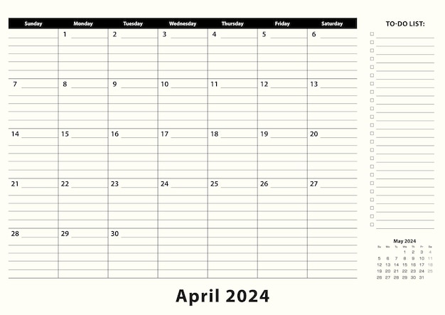 Vecteur calendrier mensuel du bureau d'affaires d'avril 2024