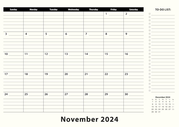 Vecteur calendrier mensuel du bureau d'affaires de novembre 2024