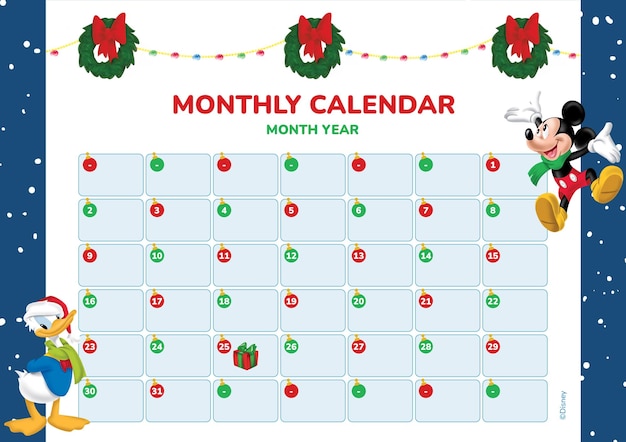 Vecteur le calendrier mensuel de noël de mickey mouse et ses amis