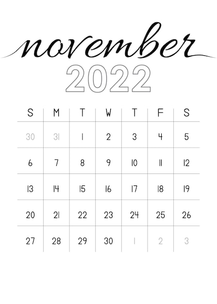 Vecteur calendrier mensuel novembre 2022