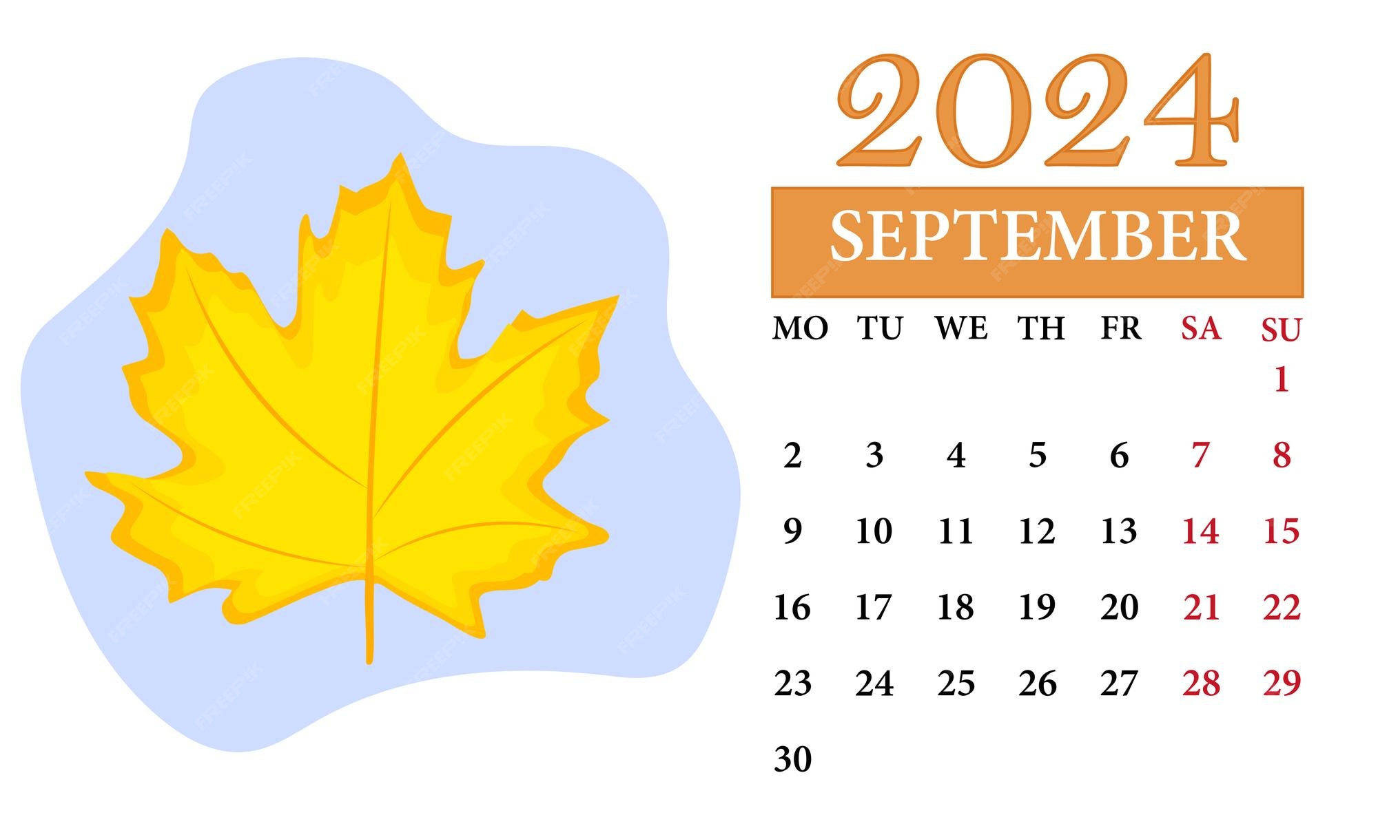 Calendrier Mensuel De Septembre 2024 Avec Une Feuille Vecteur Premium