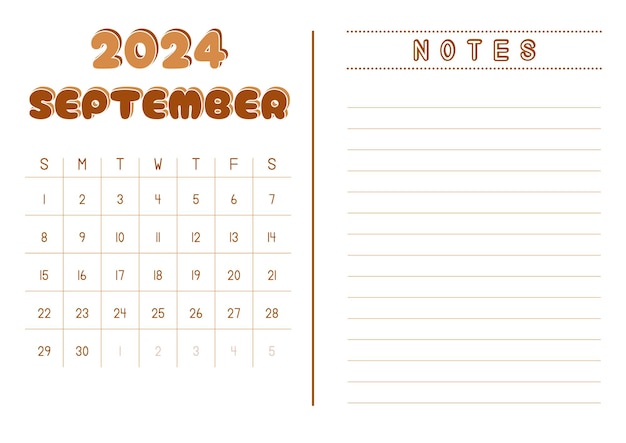 Vecteur calendrier mensuel septembre 2024