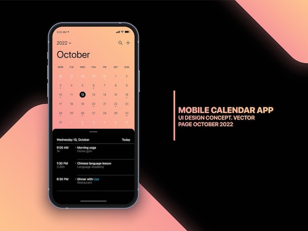 Calendrier mobile App Concept Octobre 2022 Page avec liste de tâches et tâches UI UX Design vecteur sur maquette d'écran IPhone réaliste isolée sur fond Modèle d'application Smartphone Business Planner